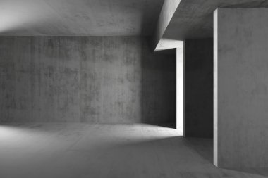 Modern mimari tasarımı olan minimalist beton iç mimari, gölge oyunu vurgusu. 3d hazırlayıcı.