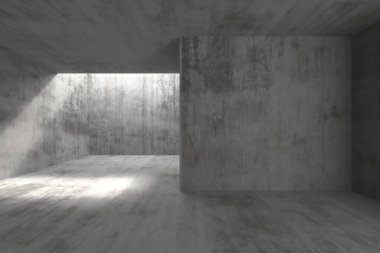 Çevre ışığı ve modern mimari tasarımı olan minimalist beton oda. 3d hazırlayıcı.