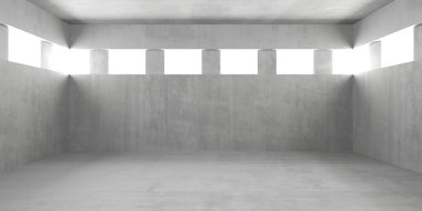 Minimalist beton odanın içinde doğal ışık ve gölge oyunları var. 3d hazırlayıcı.