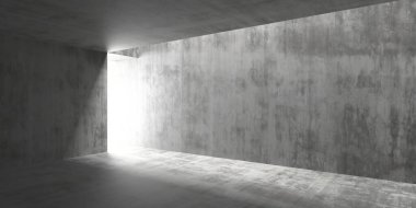 Beton duvarları ve doğal ışığı olan minimalist endüstriyel iç mekan. 3d hazırlayıcı..