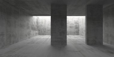 Beton duvarları ve sütunları olan minimalist endüstriyel iç mekan. 3d hazırlayıcı.