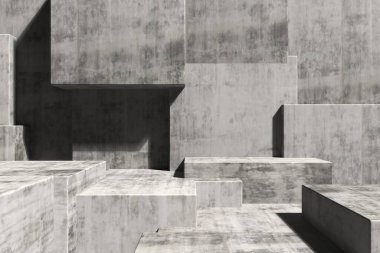 Soyut geometrik beton yapıya sahip modern mimari tasarım. 3d hazırlayıcı..