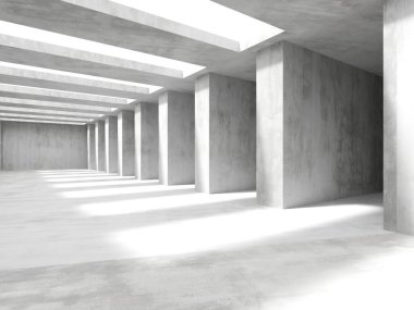 Beton sütunları ve doğal ışığı olan modern mimari tasarım koridoru. 3d hazırlayıcı.