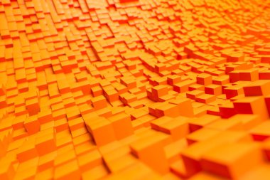 Geometrik soyut desen, dinamik bir dalga biçiminde üç boyutlu turuncu küplerle. 3d hazırlayıcı.