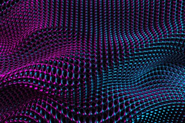 Neon mor ve mavi ızgara dizaynlı fütüristik soyut dalga deseni. 3d hazırlayıcı.