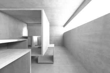 Geometrik beton formları olan minimalist soyut iç mekan. 3d hazırlayıcı.