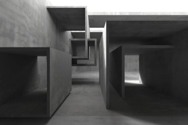 Modern tasarım ilhamı için geometrik beton yapılara sahip soyut mimari labirent. 3d hazırlayıcı..