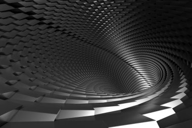 Siyah ve beyaz spiral dizaynlı soyut geometrik tünel. 3d hazırlayıcı.