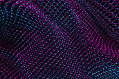 Mavi ve morumsu fütüristik dalgalı desenli soyut neon ağ yüzeyi. 3d hazırlayıcı.