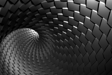 Siyah ve gri fayanslı soyut geometrik spiral desen. 3d hazırlayıcı..