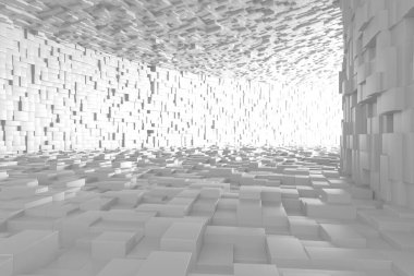 Sonsuz uzayda beyaz küplerle soyut geometrik iç mekan. 3d hazırlayıcı.