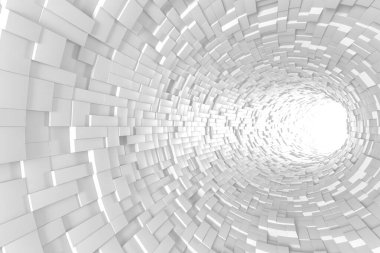 Modern tasarım kavramları için beyaz 3 boyutlu blokları olan gelecekçi geometrik tünel. 3d hazırlayıcı..
