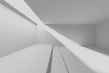 Minimalist iç mimari. Açılışlardan güneş ışığı geçiyor. 3d hazırlayıcı.