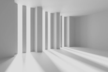Güneş ışığının dikey kolonların arasından aktığı minimalist mimari iç mekan. 3d hazırlayıcı.