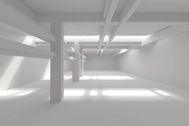 Minimalist iç tasarım modern mimari elementlerle, geniş beyaz oda ve geometrik tavan detaylarıyla. 3d hazırlayıcı.