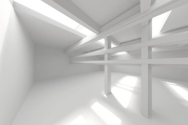 Geometrik mimari tasarımı olan minimalist beyaz iç mimari. 3d hazırlayıcı.