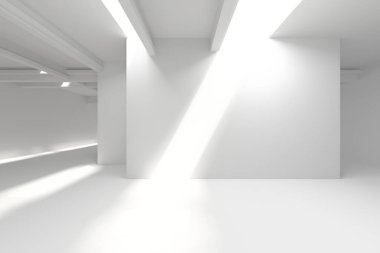 Minimalist güneş ışığıyla aydınlatılmış beyaz duvarlı ve tavanlı iç mekan. 3d hazırlayıcı.