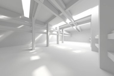 Modern mimari kavramları için güneş ışınları üreten minimalist endüstriyel iç tasarım. 3d hazırlayıcı.