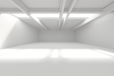 Güneş ışınları ve gölgelerle donatılmış minimalist beyaz iç mekan. 3d hazırlayıcı..