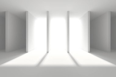 Dramatik ışık ve gölge efektleriyle minimalist beyaz mimari alanı. 3d hazırlayıcı..