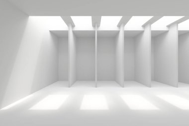 Parlak doğal ışık ve geometrik desenlere sahip minimalist modern mimari. 3d hazırlayıcı.