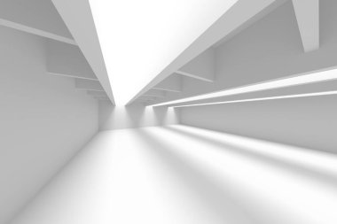 Geometrik tavan tasarımı ve yumuşak ışıklandırması olan soyut minimalist iç mekan. 3d hazırlayıcı.