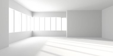 Büyük pencereleri ve yumuşak güneş ışığı olan minimalist beyaz bir oda. 3d hazırlayıcı.