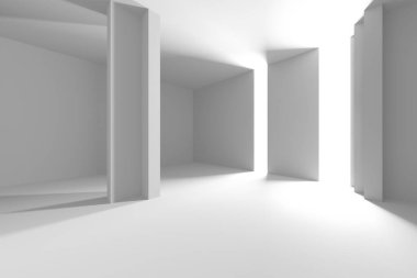 Modern mekanlar için minimalist soyut beyaz mimari iç tasarım. 3d hazırlayıcı.