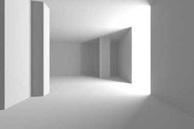 Geometrik şekiller ve ışık oyunlarıyla minimalist soyut iç mekan. 3d hazırlayıcı..