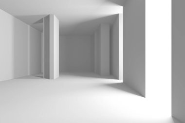 Geometrik ışık ve gölgeli, minimalist, soyut, beyaz iç mekan. 3d hazırlayıcı.