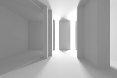 Modern iç tasarım için geometrik şekilli soyut minimalist beyaz koridor. 3d hazırlayıcı.