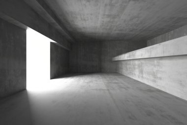 Dramatik ışıklandırma ve geometrik mimari ile minimalist beton iç tasarım. 3d hazırlayıcı.