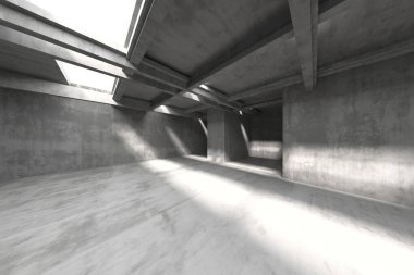 Beton iç mimarisi ve doğal ışıklandırma tasarımı olan modern minimalist mimari. 3d hazırlayıcı.