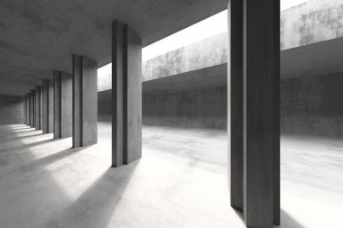 Simetrik sütunları ve güneş ışığı gölgeleri olan modern mimari beton yapı. 3d hazırlayıcı.