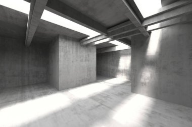 Beton duvarları ve tavan pencereleri olan modern minimalist mimari iç mimari. 3d hazırlayıcı.