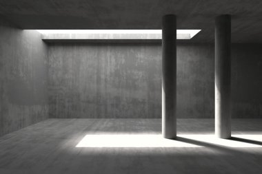 Doğal ışık ve sütunlarla modern minimalist beton iç tasarım. 3d hazırlayıcı..