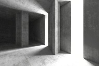Dramatik gölgeler ve mimari elementlerle modern minimalist beton iç mekan. 3d hazırlayıcı..