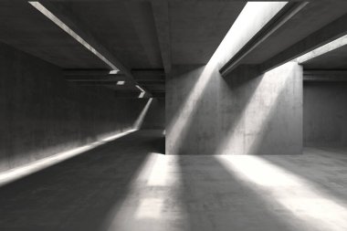 Beton duvarları ve çarpıcı ışık huzmeleri olan soyut endüstriyel iç mekan. 3d hazırlayıcı.