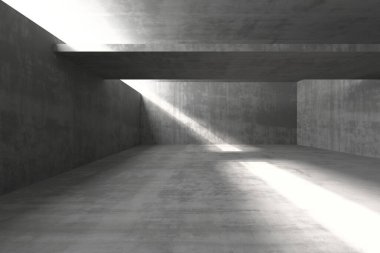 Minimalist mimari iç mekan. Açılışlardan güneş ışığı geçiyor. 3d hazırlayıcı..