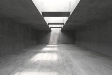 Günışığı geometrik desenli modern minimalist beton mimari. 3d hazırlayıcı.