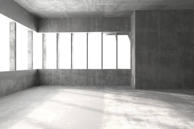 Mimari ilham için minimalist güneş ışığıyla aydınlatılmış beton iç tasarım. 3d hazırlayıcı.