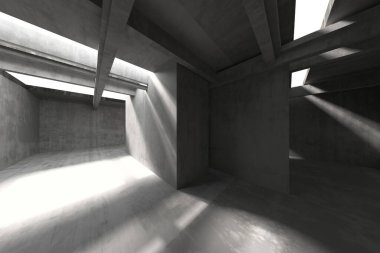 Günışığı gölgeli modern minimalist beton mimari. 3d hazırlayıcı.