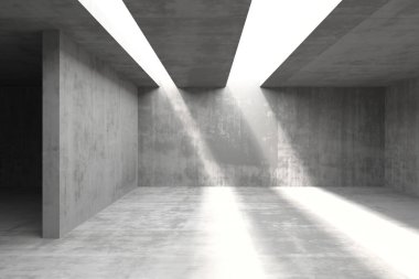 Beton duvarları ve güneş ışığı olan minimalist mimari iç tasarım. 3d hazırlayıcı.