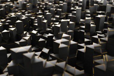 Keskin kenarları ve yüksek kontrastı olan geometrik soyut metalik şehir yapısı. 3d hazırlayıcı..