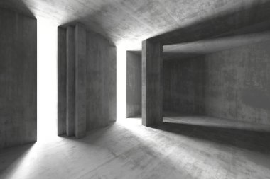 Beton duvarlar ve gölgeler içeren minimalist mimari tasarım. 3d hazırlayıcı.