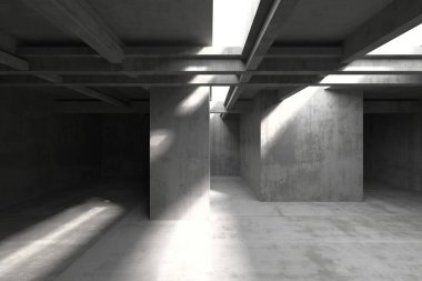 Güneş ışığının beton kirişlerden aktığı modern mimari iç mekan. 3d hazırlayıcı.