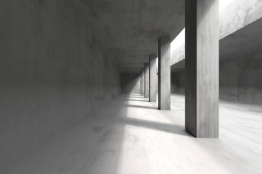 Güneş ışığıyla aydınlanan açık alanlar içeren modern minimalist beton mimari. 3d hazırlayıcı.