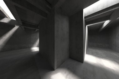 Geometrik beton yapıları ve tavandan yansıyan güneş ışığı ile modern mimari alan. 3d hazırlayıcı..