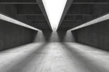 Minimalist beton elementler ve ortam aydınlatmasıyla modern endüstriyel depo iç tasarımı. 3d hazırlayıcı..