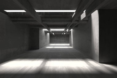 Güneş ışınları ile modern endüstriyel beton mimari. 3d hazırlayıcı.